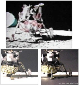 Test: surface reflection illuminates toy astronaut in shadow. In second image, foreground reflection is reduced with black paper.