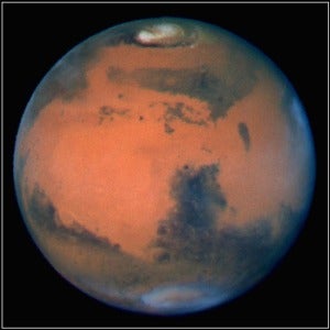 In the image, a single pixel represents spans 13 miles (22 km) of Martian terrain. (Credit: NASA/David Crisp & WFPC2 Team)