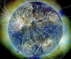 Locations of key events are labeled in this extreme ultraviolet image of the sun, obtained by the Solar Dynamics Observatory during the Great Eruption of August 1st. White lines trace the sun's magnetic field. Image Credit: K Schrijver & A. Title.