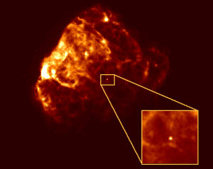 Kind of like this. The neutron star is in the center. (Source)