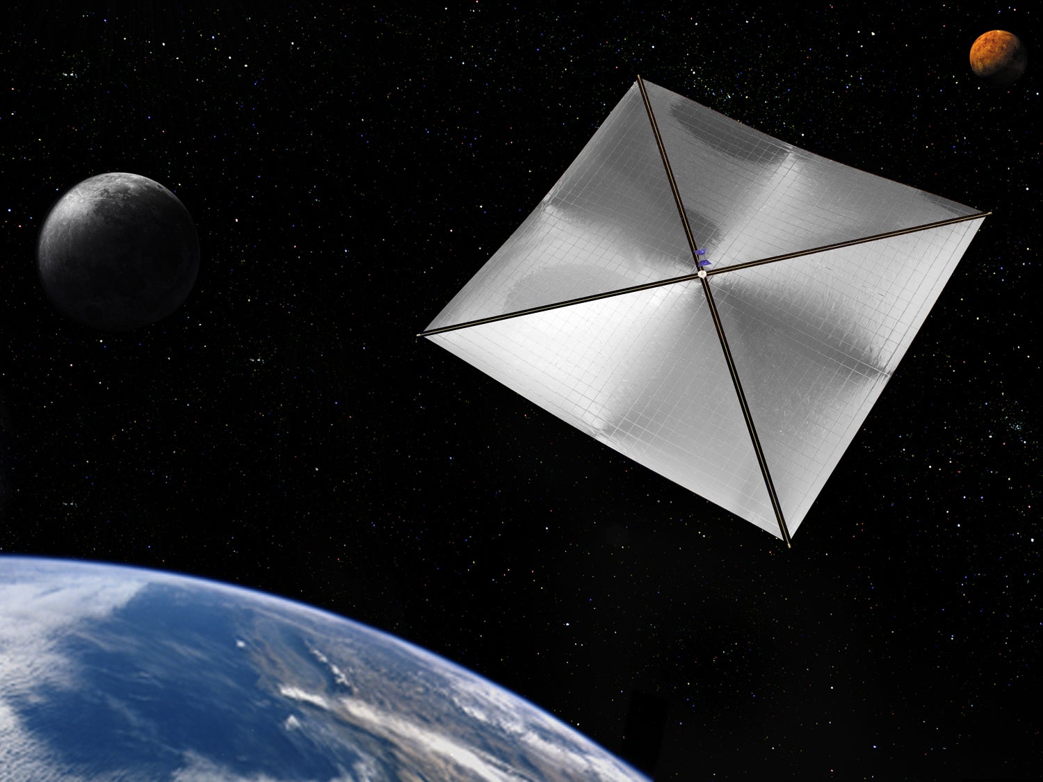 Artist's rendering of a four-quadrant solar sail propulsion system via NASA