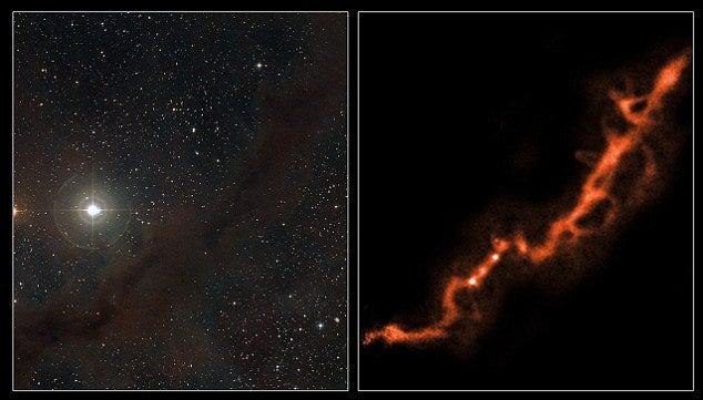 In visible light, the 'string' of cosmic dust is black. The Atacama telescope uses 'submillimetre' wavelengths - microwaves - to show off a glow that cannot be seen by conventional optical telescopes