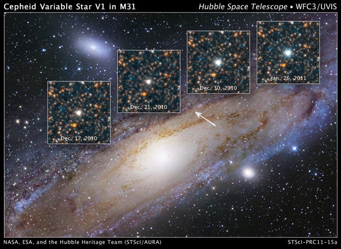 NASA's Hubble Space Telescope has been trained on a single variable star that in 1923 altered the course of modern astronomy. V1 is a special class of pulsating star called a Cepheid variable that can be used to make reliable measurements of large cosmic distances. Credit: NASA, ESA, and the Hubble Heritage Team (STScI/AURA)