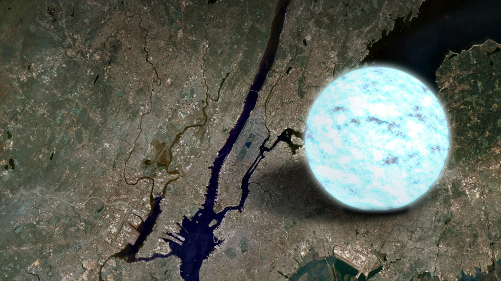 Artist’s concept of a neutron star, compared to satellite image of Manhattan for scale. via NASA