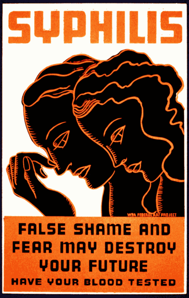 This posters acknowledges the social stigma of syphilis, while urging those who possibly have the disease to be tested. (circa 1936)