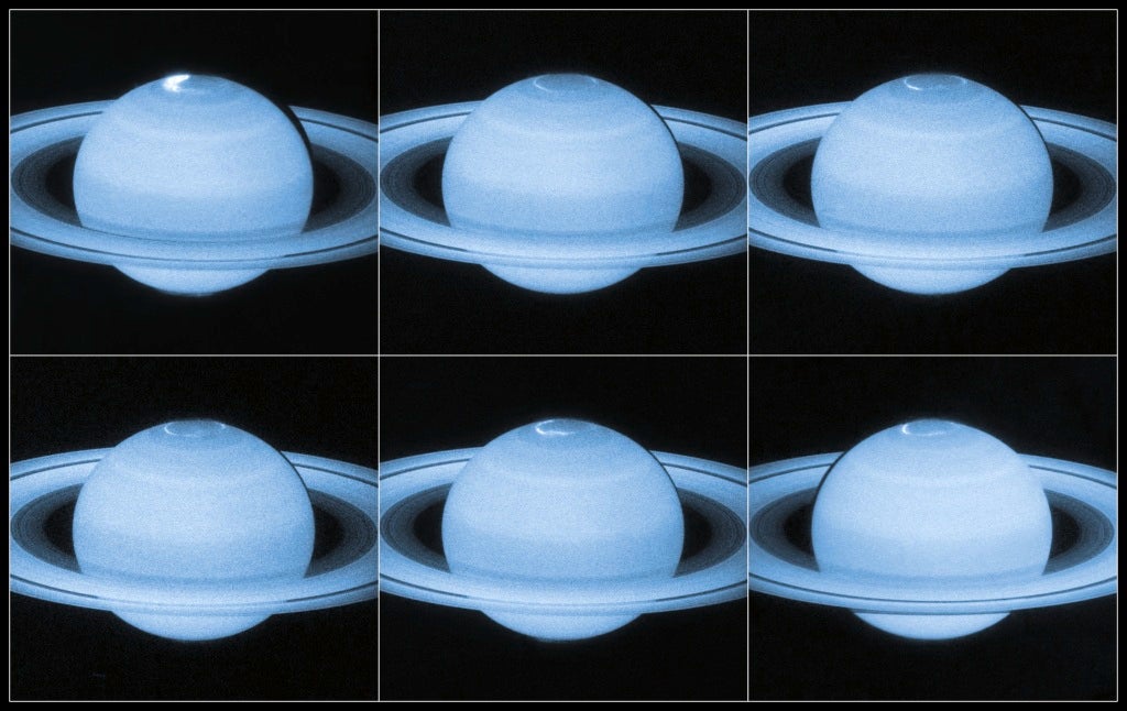 Several images of an aurora on Saturn’s north pole taken in April and May 2013 by the Hubble Space Telescope. Credit: NASA/ESA, Acknowledgement: J. Nichols (University of Leicester)