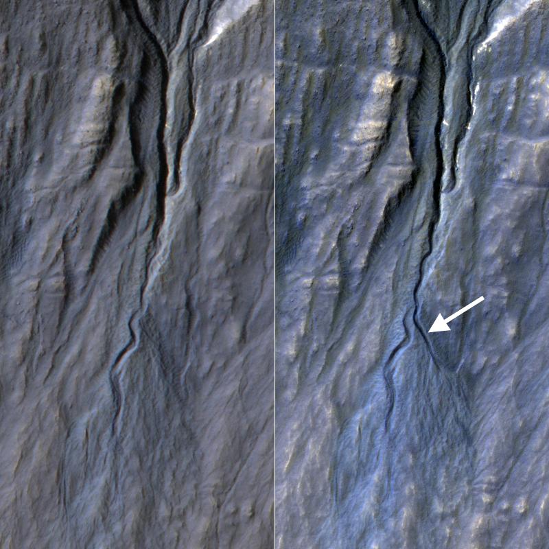 This set of images was  taken by HiRISE in 2010 and 2013.  A new channel is shown forming on the martian slope.