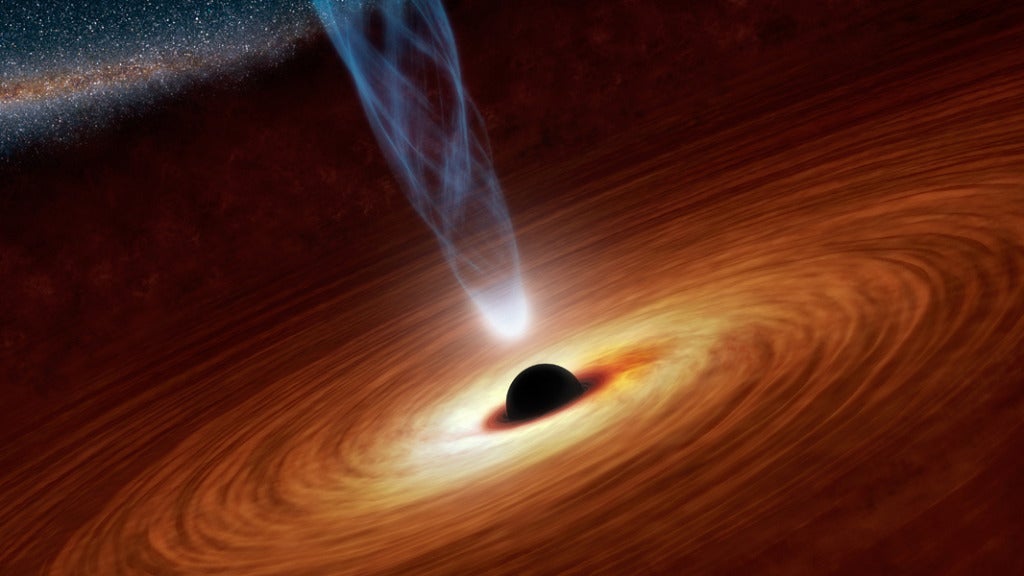 The regions around supermassive black holes shine brightly in X-rays. Some of this radiation comes from a surrounding disk, and most comes from the corona, pictured here in this artist's concept as the white light at the base of a jet. This is one of a few possible shapes predicted for coronas. Image Credit: NASA/JPL-Caltech