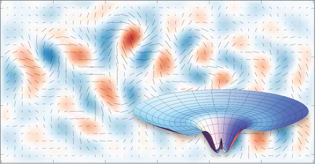 The influence of the Higgs boson and its field (inset) on cosmological inflation could manifest in the observation of gravitational waves by the BICEP2 telescope (background). Image courtesy of the BICEP2 Collaboration (background);