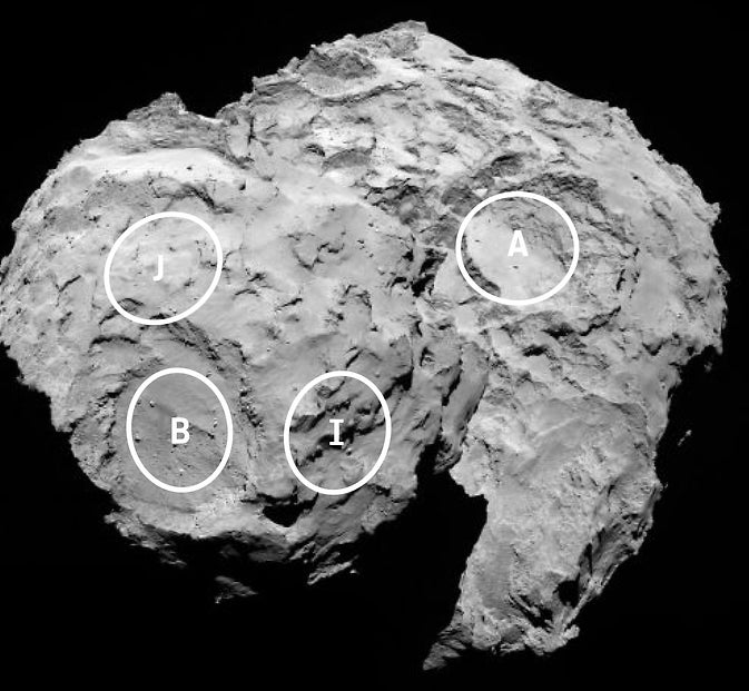 Up-close view of potential landing sites as determined by Rosetta. Image Credit: NASA/ESA
