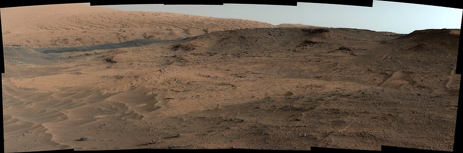 This southeastward-looking vista from the Mast Camera (Mastcam) on NASA's Curiosity Mars rover shows the "Pahrump Hills" outcrop and surrounding terrain seen from a position about 70 feet (20 meters) northwest of the outcrop. Image Credit: NASA/JPL-Caltech/MSSS