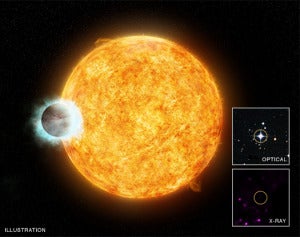 WASP-12b in X-Ray (Credit: X-ray: NASA/CXC/SAO/I.Pillitteri et al; Optical: DSS; Illustration: NASA/CXC/M.Weiss)