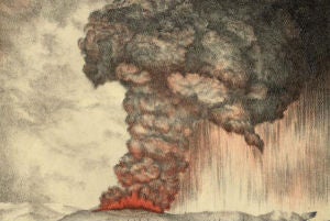 A lithograph of the eruption (circa 1888). Image: Parker & Coward/Wikimedia