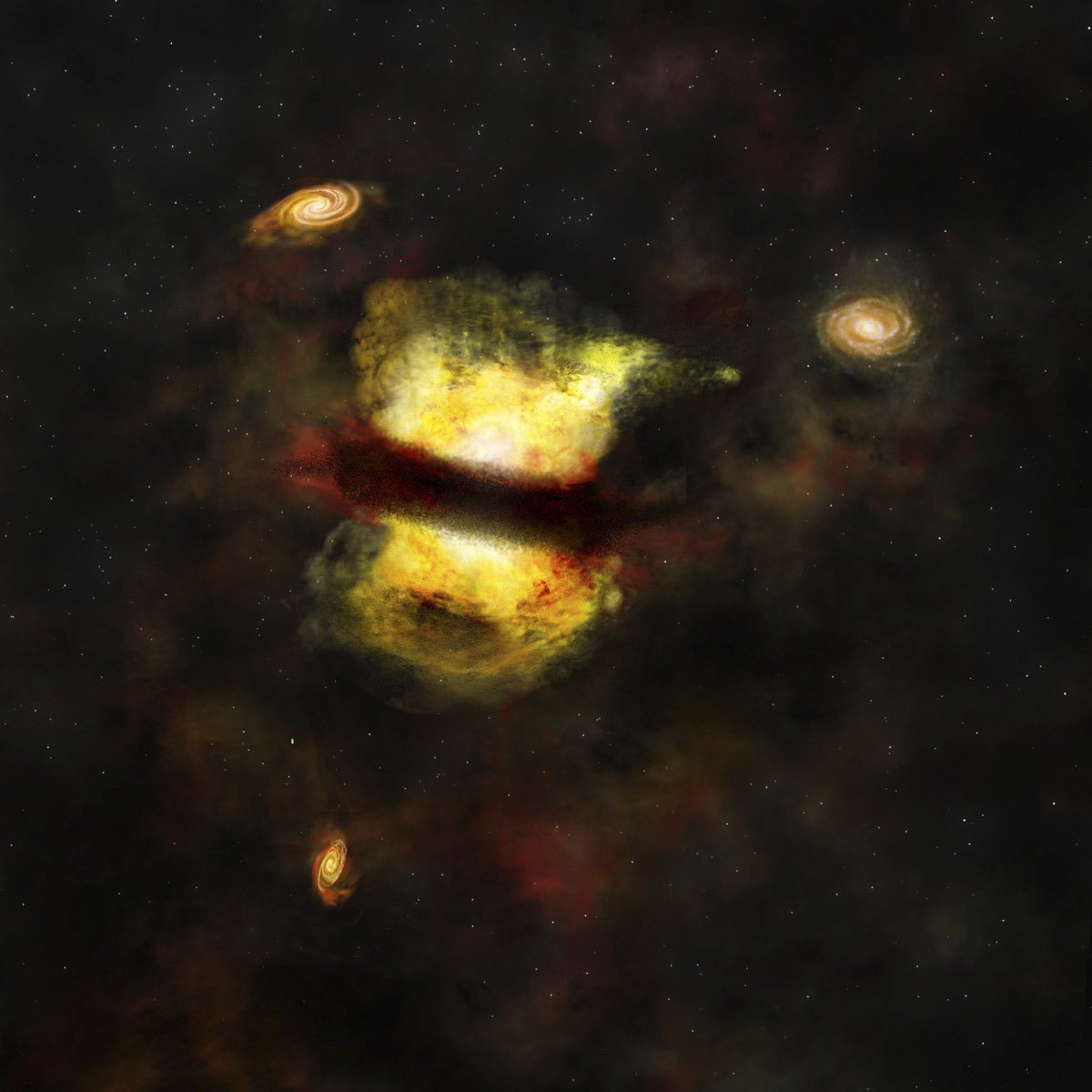 Artist rendering of the protocluster observed by ALMA. It shows the central starburst galaxy, AzTEC-3, along with its labeled cohorts of smaller, less active galaxies (Image Credit: B. Saxton, NRAO/AUI/NSF)
