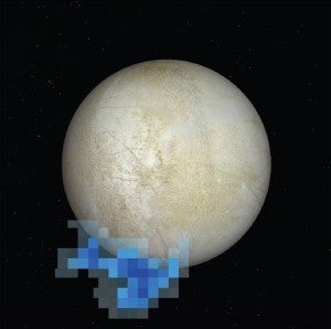 Digital enhancement of plume vapor coming off Europa - (Photo by NASA/ESA/L. Roth/SWRI/University of Cologne)