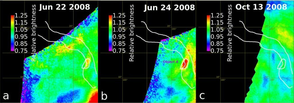 The Ganiki Chasma rift zone in Atla Regio on Venus was imaged repeatedly to look for changes. The maps presented here show changes in relative brightness compared to the average background (red-orange indicates an increase, blue-purple a decrease) for a number of images acquired on each date. While some changes are due to variations in cloud brightness, one fixed surface hot spot is inferred, labelled ‘Object A’, which shows an increase in brightness between 22 and 24 June 2008 followed by a decrease.