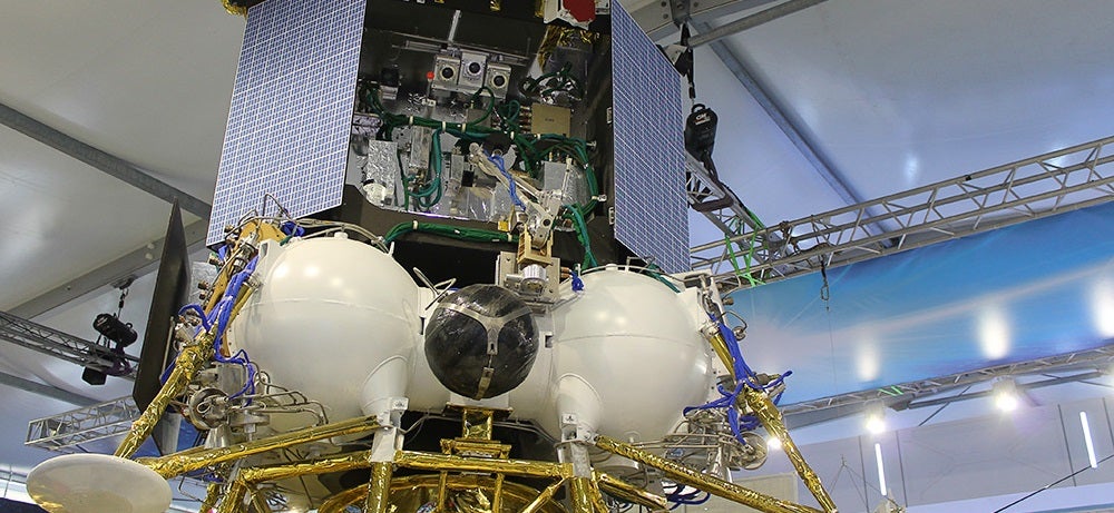 A model of the Russian Luna 25 probe being exhibited for visitors to the MAKS-2015 International Air Show in Moscow. Photo Credit: Gazeta.ru