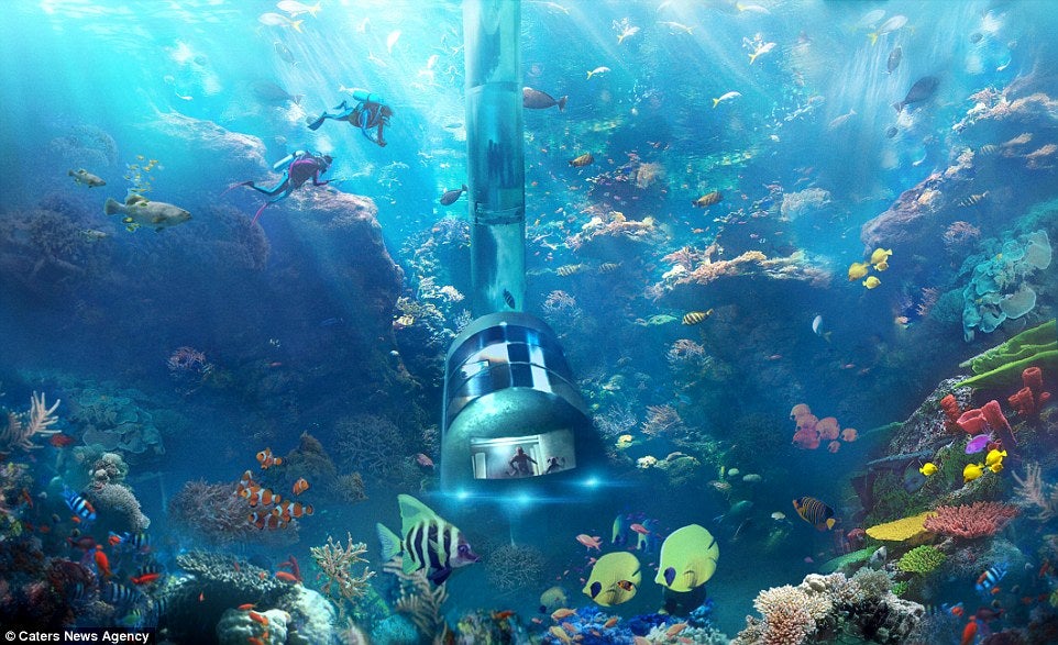 The 12-room boutique hotel will be the first of its kind - a submerged, fully self-contained luxury property with a sealed lift. Credit: Caters News Agency