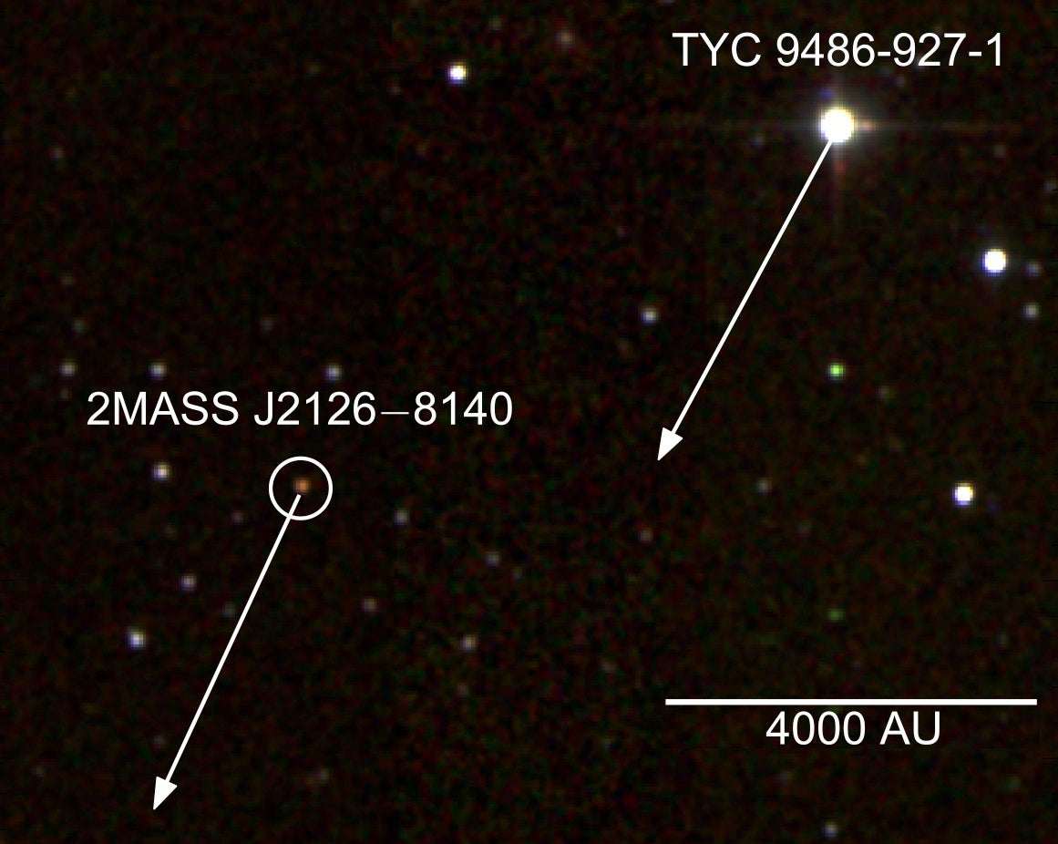 Infrared image of the planet 2MASS J2126-8140 and its primary star. Arrows indicate common direction of motion for both objects. Credit: 2MASS/S. Murphy/ANU.