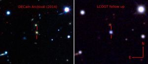 The host galaxy of ASASSN-15lh before (left) and after (right) the supernova explosion. Image credit: ASAS-SN