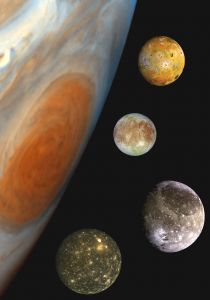Callisto (bottom) together with Jupiter's other Galilean satellites. Image credit: NASA