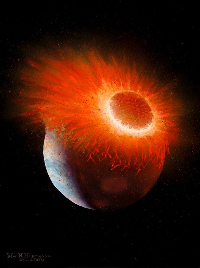 An artist's rendering of the collision between Theia and the porto-earth, about one after initial contact. William K. Hartmann.