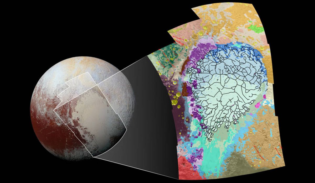 Pluto's unique geological surface as mapped out by NASA. Image Credit: NASA/JHUAPL/SwRI