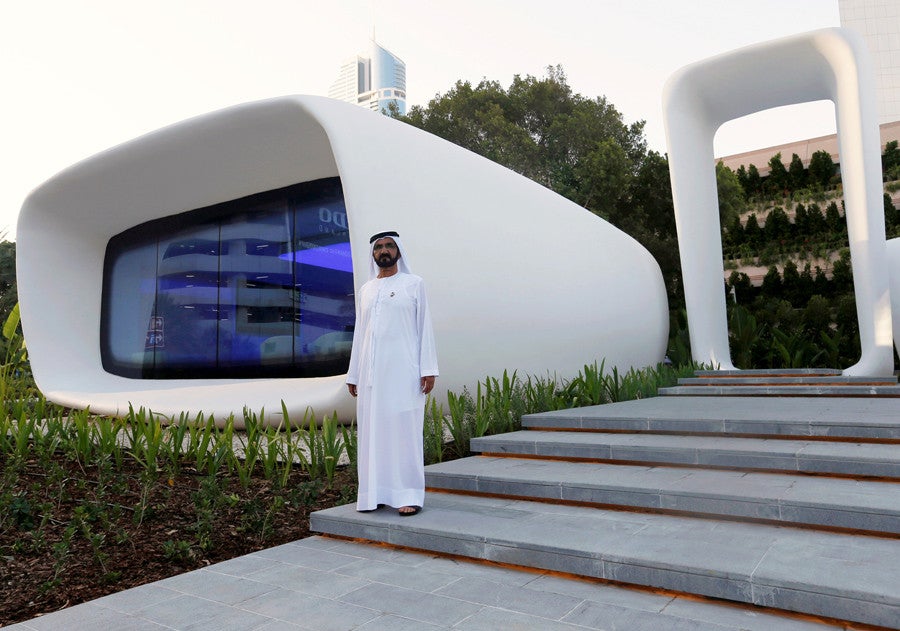 Sheikh Mohammed bin Rashid Al Maktoum, Ruler of Dubai, stands before his city's newest technological and architectural wonder. Credit: Ahmed Jadallah/Reuters