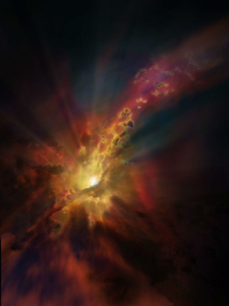 Artist's impression of a black hole rain. NRAO/AUI/NSF; Dana Berry/SkyWorks; ALMA (ESO/NAOJ/NRAO)