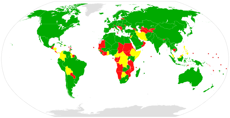 The Outer Space Treaty: green for parties, yellow for signatories who have not completed , red for non-parties.