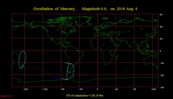 The footprint of the August 4th occultation of Mercury by the Moon. Image credit: Occult 4.2 software.