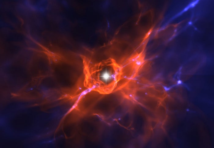 Impression of heated gas surrounding one of the first stars in the universe. NASA.