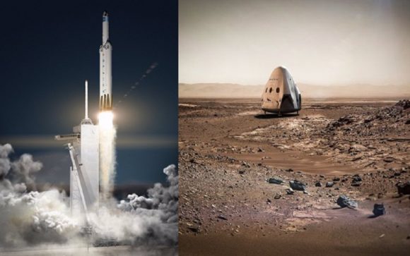 Artistic concepts of the Falcon Heavy rocket (left) and the Dragon capsule deployed on the surface of Mars (right). Credit: SpaceX