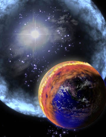 Artist's concept of a ten-second gamma ray burst wiping out life on Earth. NASA.