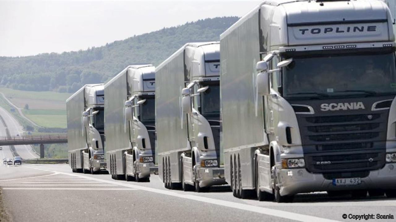 A "platoon" of autonomous trucks. Scania.