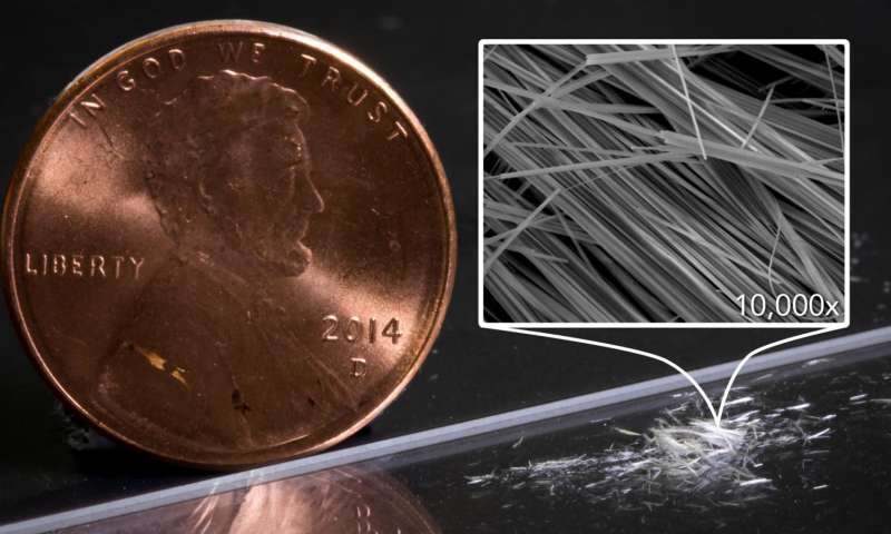 Fuzzy white clusters of nanowires on a lab bench, with a penny for scale. Assembled with the help of diamondoids, the microscopic nanowires can be seen with the naked eye because the strong mutual attraction between their diamondoid shells makes them clump together, in this case by the millions. At top right, an image made with a scanning electron microscope shows nanowire clusters magnified 10,000 times. Credit: SEM image by Hao Yan/SIMES; photo by SLAC National Accelerator Laboratory