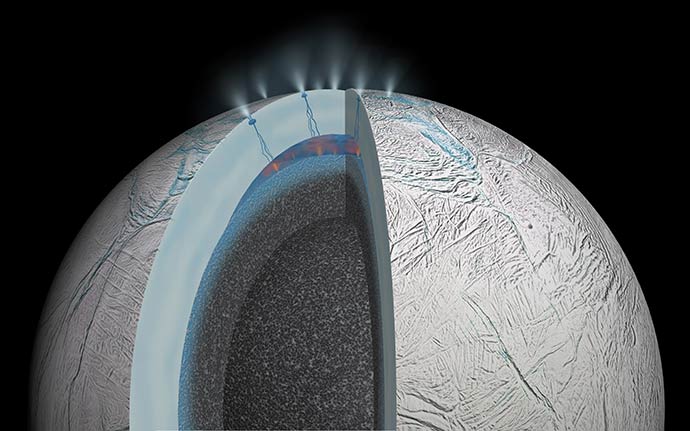 Artist’s rendering of possible hydrothermal activity that may be taking place on and under the seafloor of Enceladus. Credit: NASA/JPL