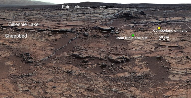 Annotated version of the bedrock site in the Gale Crater where the Curiosity rover has taken drill samples. Credit: NASA/JPL-Caltech/MSSS