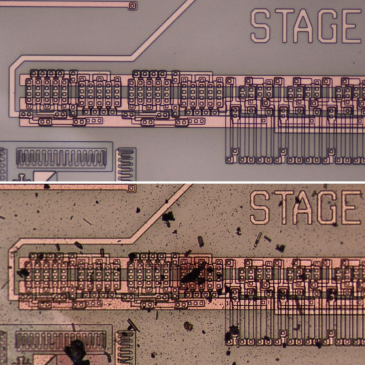 The integrated circuit before (above) and after (below) testing. Image credits: NASA