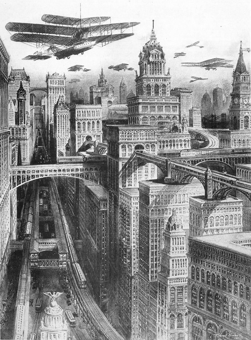 The future Manhattan, New York, envisioned by Richard Rummell circa 1910-1911.