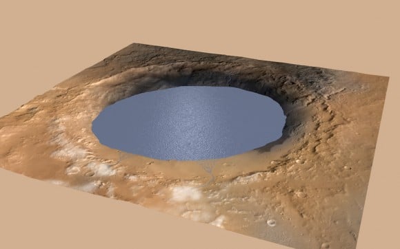 Simulated view of Gale Crater Lake on Mars, depicting a lake of water partially filling Mars’ Gale Crater. Credit: NASA/JPL-Caltech/ESA/DLR/FU Berlin/MSSS