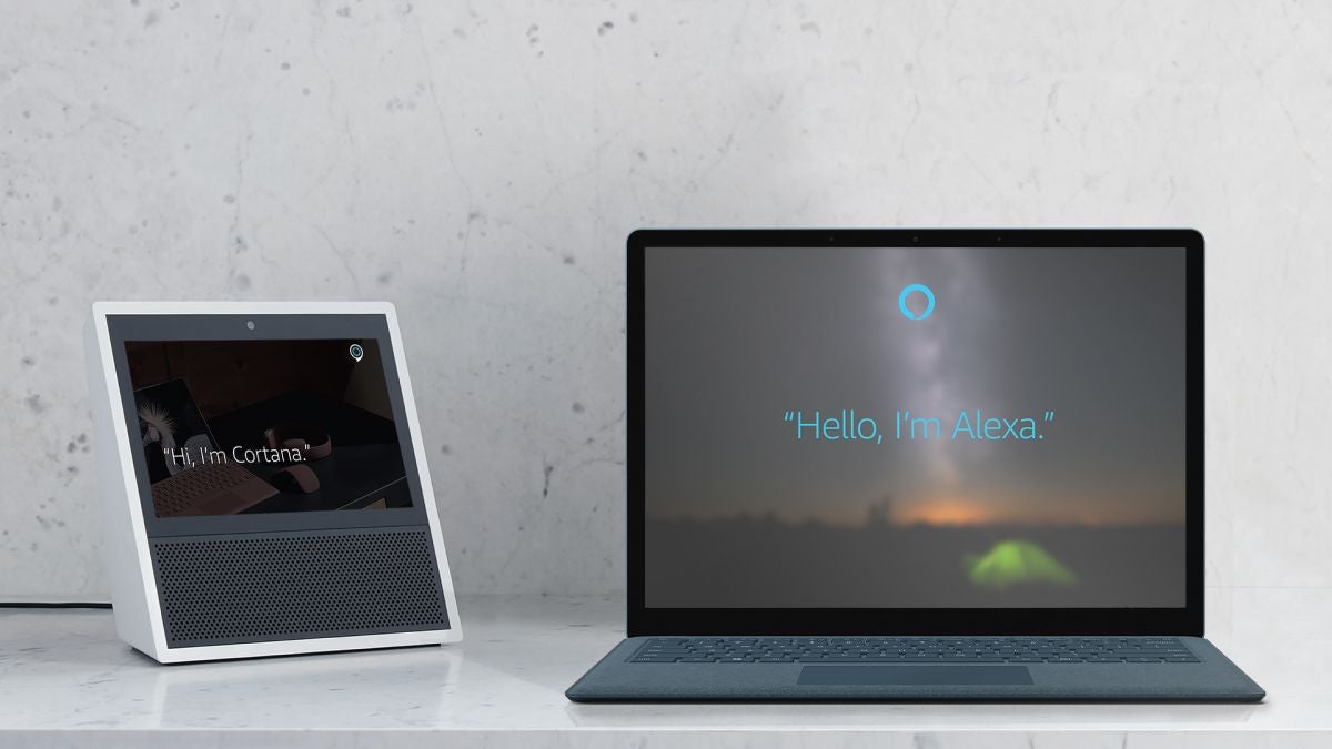 Cortana accessed on the Amazon Echo Show, and Alexa open on a Windows laptop. Image Credit: Microsoft