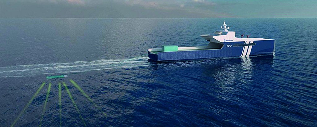 A concept of Rolls-Royce's autonomous ship detecting an object before switching to surveillance. Image Credit: Rolls-Royce