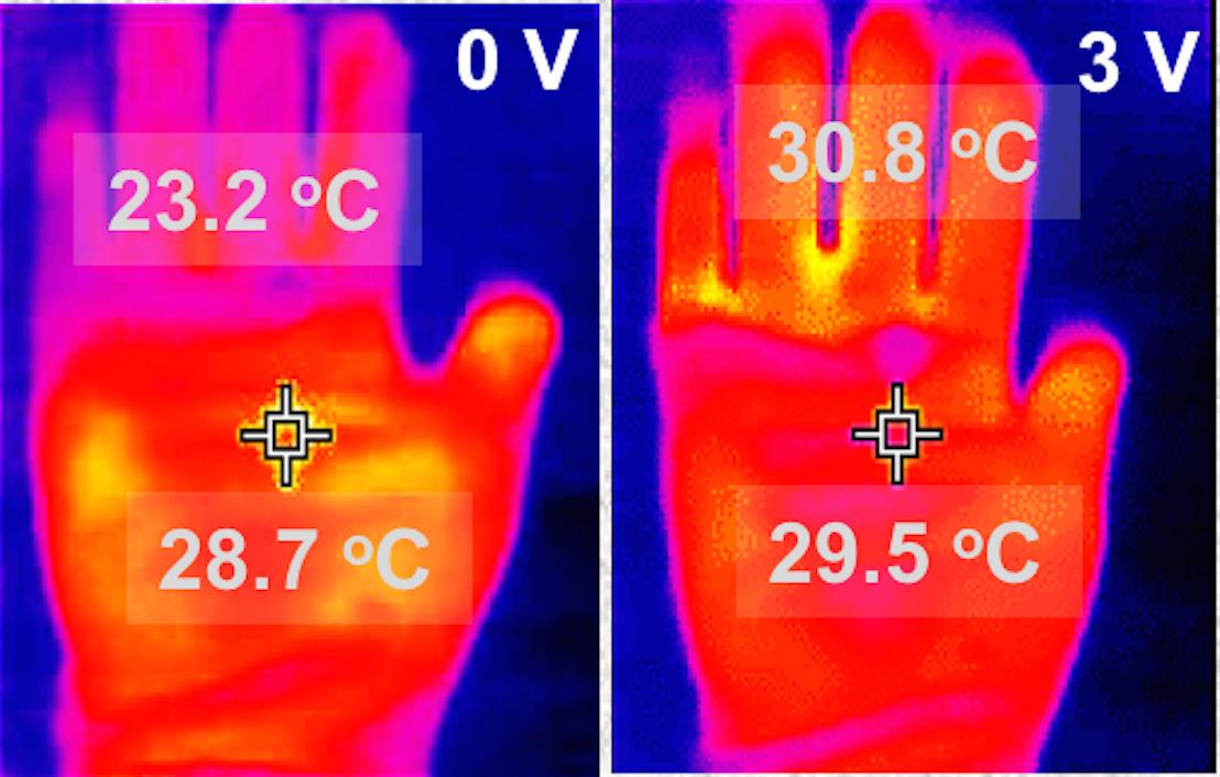 An image of the gloves coated in PEDOT. Image Credit: UMass Amherst