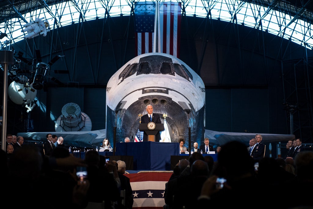 VP Mike Pence speaking at the first National Space Council meeting. Image Credit: NASA