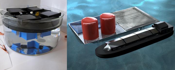 The stand-alone PV-electrolyzer prototype floating in sulfuric acid, left, compared to a rendering of a hypothetical large-scale "solar fuels rig" producing hydrogen fuel on the open sea.