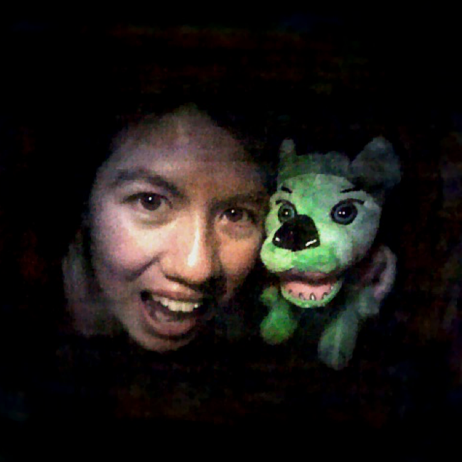 A 3D image of a woman and a green stuffed animal, created by the lensless camera DiffuserCam.