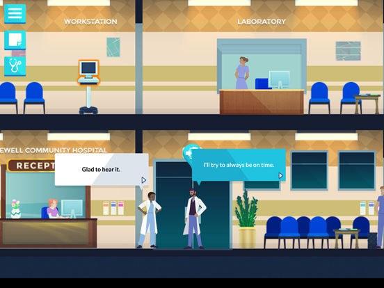 A still from the medical video game Night Shift, showing a doctor promising to arrive to work on time. Image Credit: Schell Games