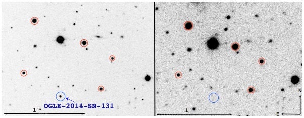 "OGLE-2014-SN-131 (blue circle) in a VLT acquisition (left), and an NTT image showing no visible host at the SN location (right)." Image Credit: Karamehmetoglu et al.