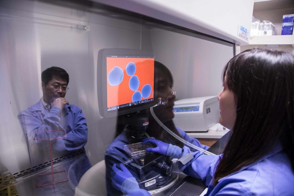 Mayo Clinic neurologist Guojun Bu watches a technician utilizing the stem cell platform (Image Credit: Mayo Clinic)